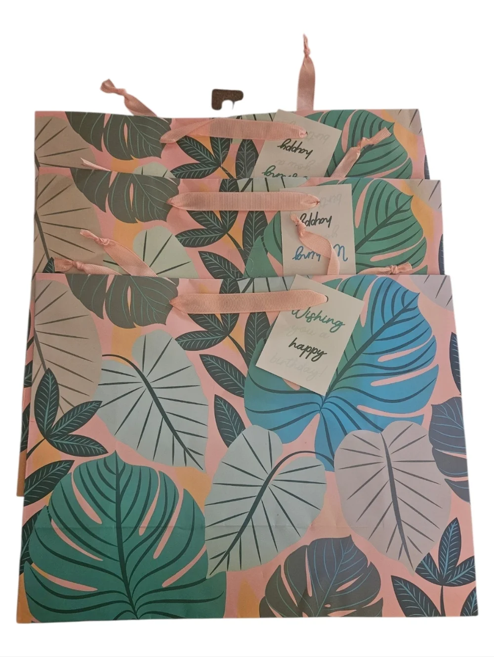 Lot Of 3 Spritz Jungle Leaves Medium Size Gift Bags Wishing You A Happy Birthday